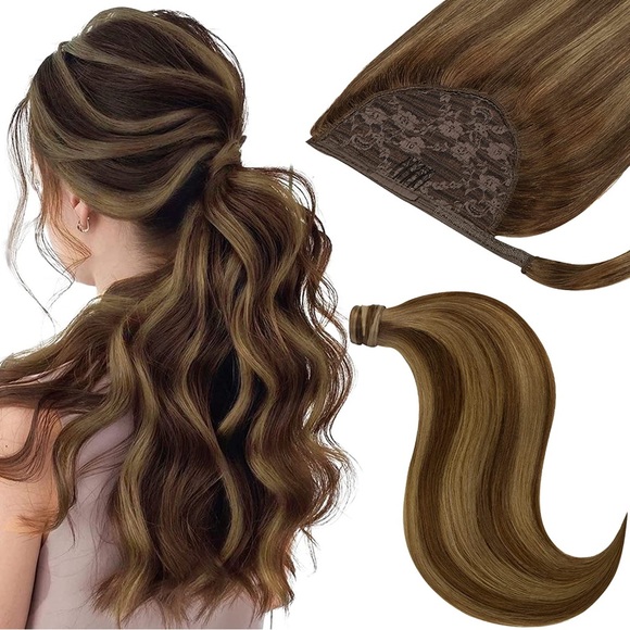 HUMAN HAIR Rooted Mixed Brown Ponytail Extension 22in 90g - Picture 1 of 15